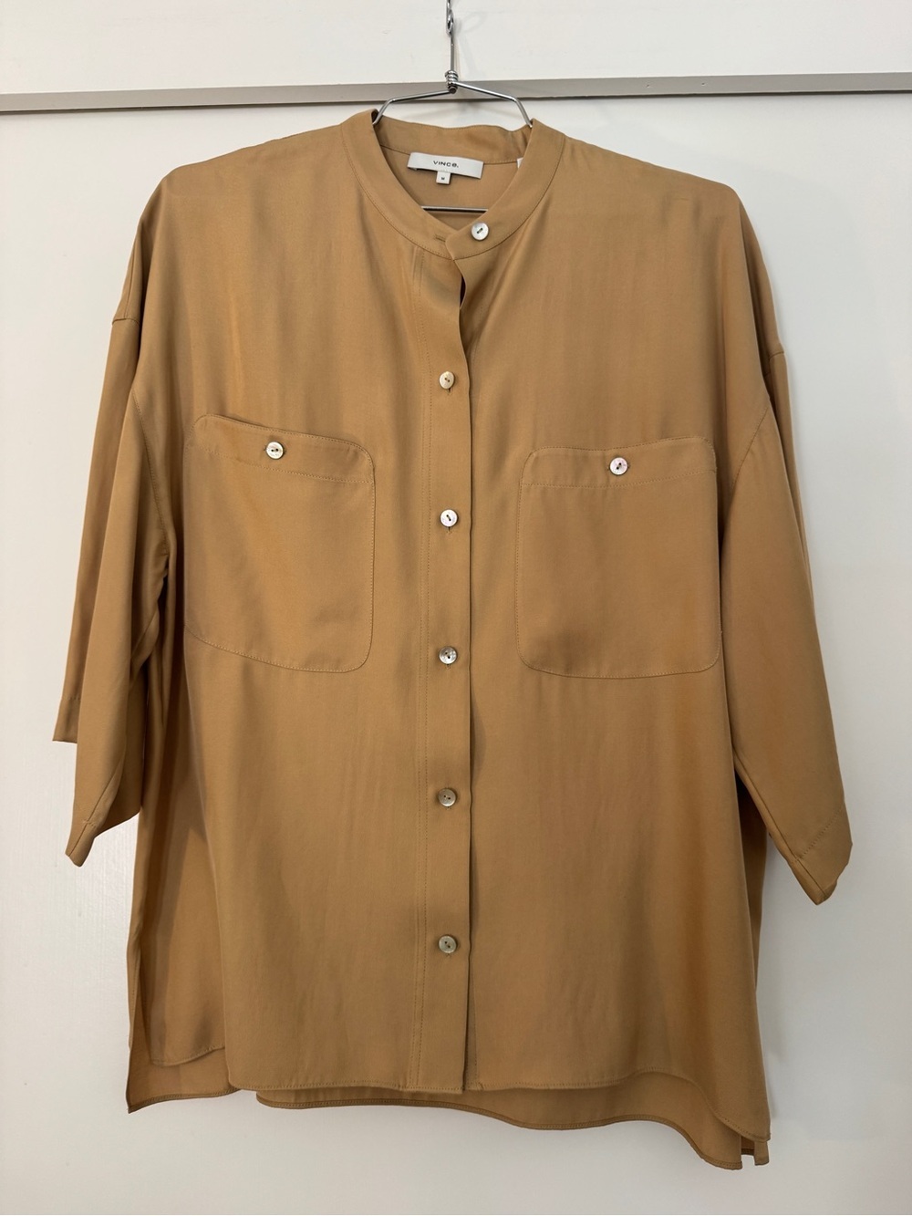 Vince Camel/ Tan Mandarin-Collar Utility Button Front Blouse Med